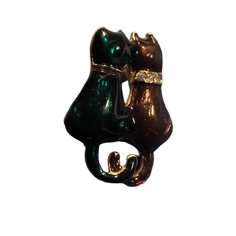 Vintage Two Cats Pin Blue Brown Enamel Crystal Collar Kitten Tie Tack Brooch